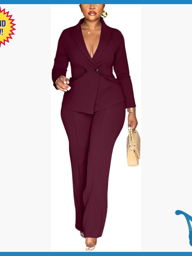 Women's Double Breasted Blazer Pantsuit Set Long Sleeve Slim Fit Formal